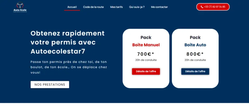 Capture d'écran du site autoecolestar7.com
